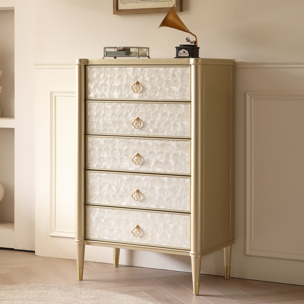 FUKAYI Mother of Pearl Inlay Tall Dresser for Bedroom with 5 Drawers Chest of Drawers Storage Tower Organizer Dresser for Living Room, Hallway, Entryway, Closets, Champagne