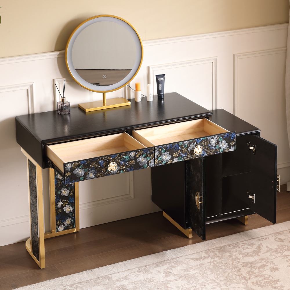 FUKAYI Makeup Vanity Desk with Hand-Painted Floral Dressing Table with Storage Drawers LED Lighted Vanity Mirror Vanity Table with Stool, Black