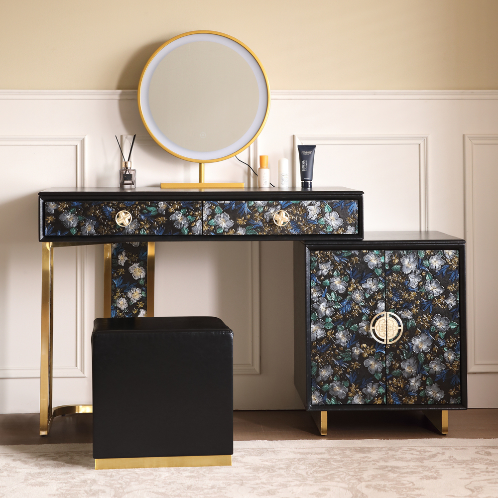 FUKAYI Makeup Vanity Desk with Hand-Painted Floral Dressing Table with Storage Drawers LED Lighted Vanity Mirror Vanity Table with Stool, Black