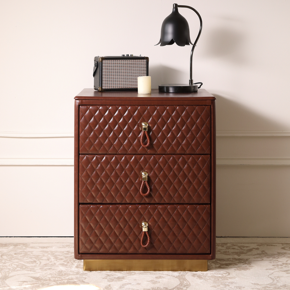 FUKAYI Faux Oil Waxed Leather Bedside Table for Bedroom Nightstand Small Dresser with 3 Storage Drawers Night Stand for Bedroom End Table Side Table for Living Room Entryway, Dark Brown