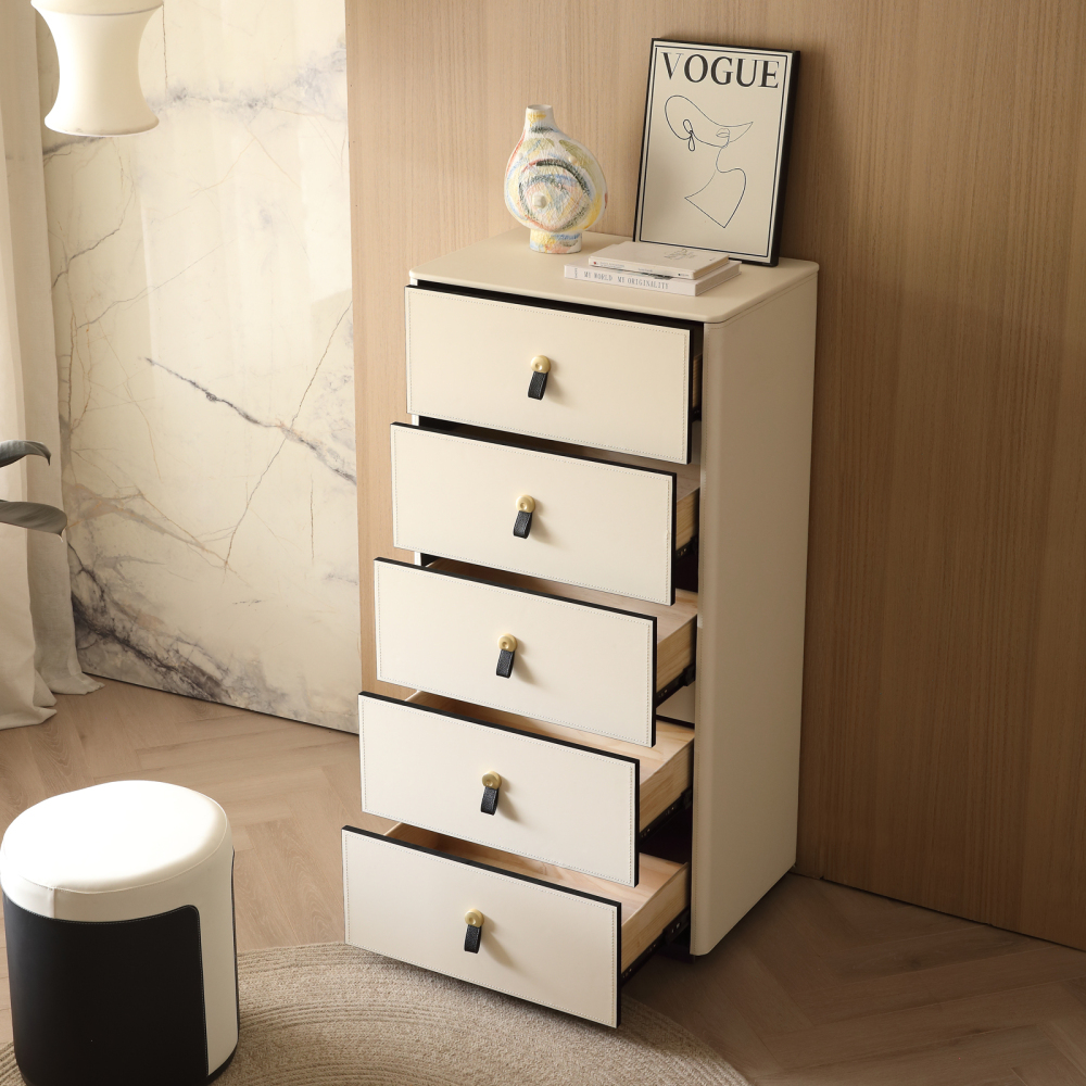FUKAYI Faux Saddle Leather Tall Dresser for Bedroom with 5 Drawers Chest of Drawers Storage Tower Organizer Dresser for Living Room, Hallway, Entryway, Closets, White
