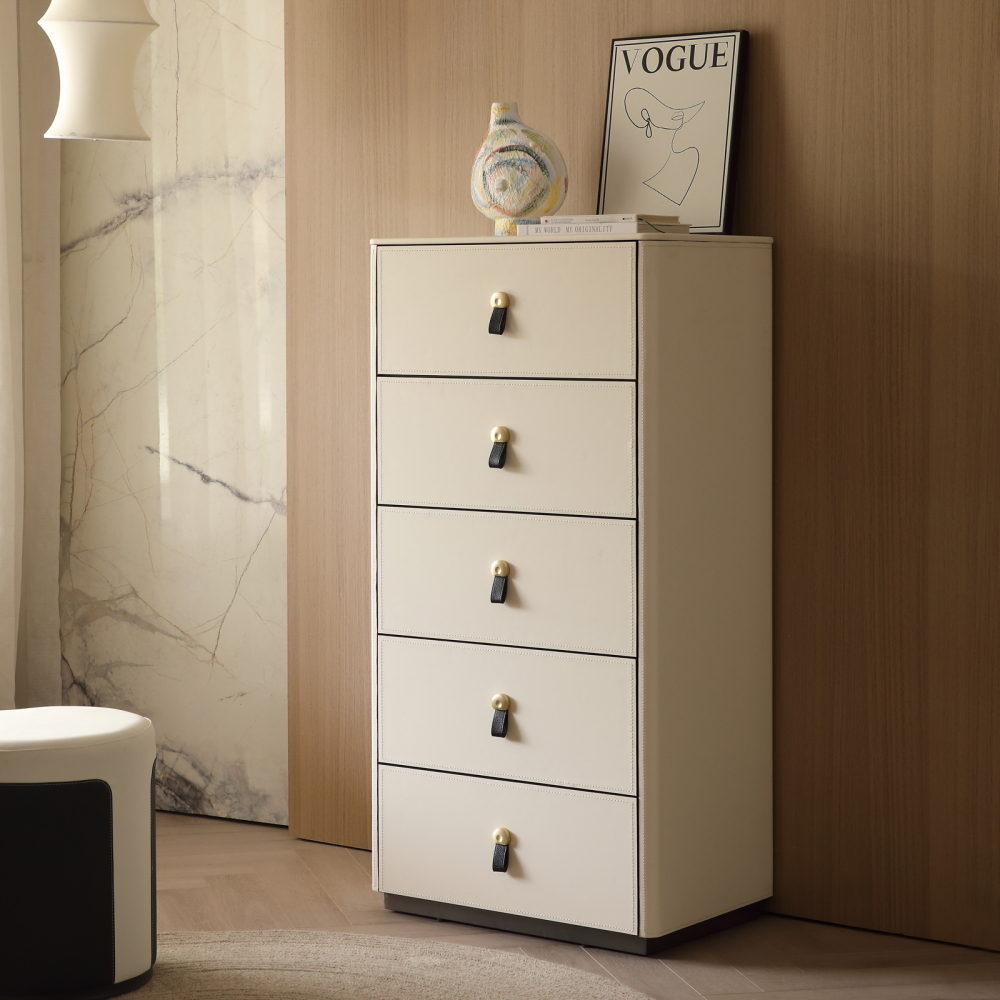FUKAYI Faux Saddle Leather Tall Dresser for Bedroom with 5 Drawers Chest of Drawers Storage Tower Organizer Dresser for Living Room, Hallway, Entryway, Closets, White