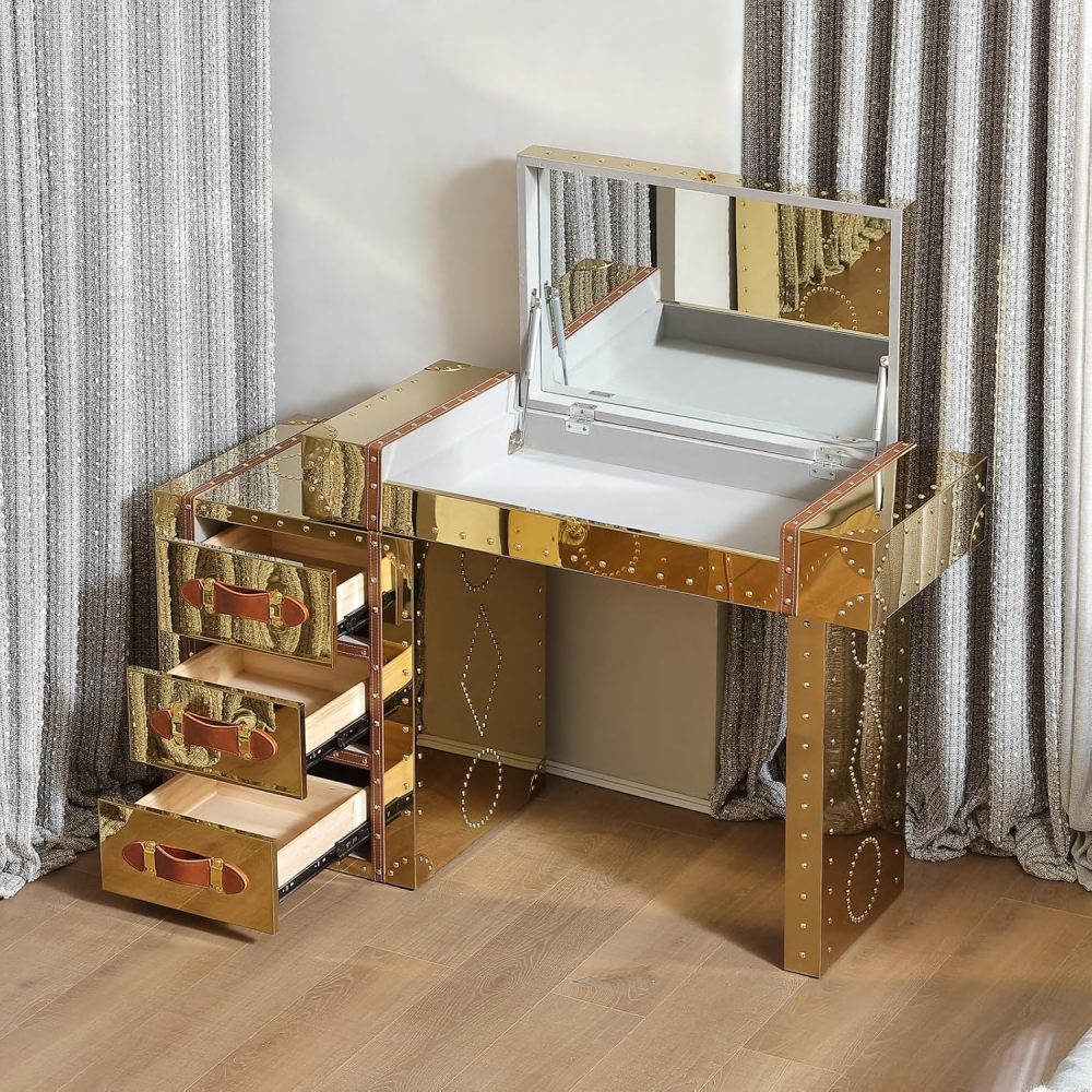 Mid-Century Modern Makeup Vanity Desk with Flip Top Mirror Industrial-Style Vanity Table Metal Clad Dressing Table with Multiple Drawers，Golden