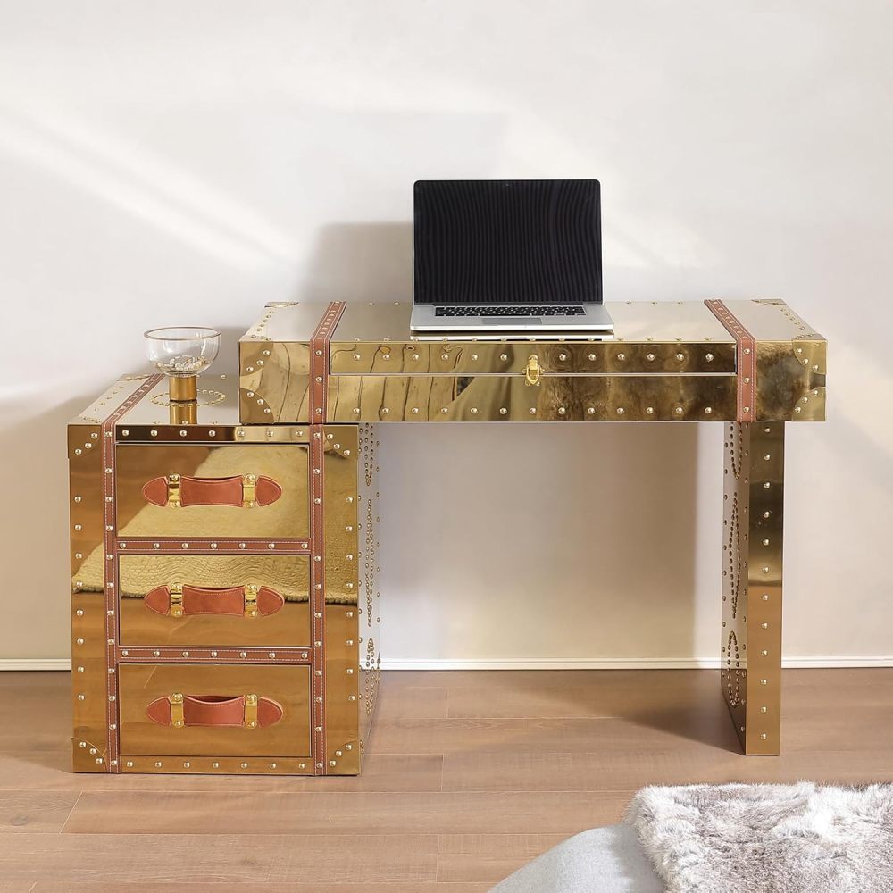 Mid-Century Modern Makeup Vanity Desk with Flip Top Mirror Industrial-Style Vanity Table Metal Clad Dressing Table with Multiple Drawers，Golden