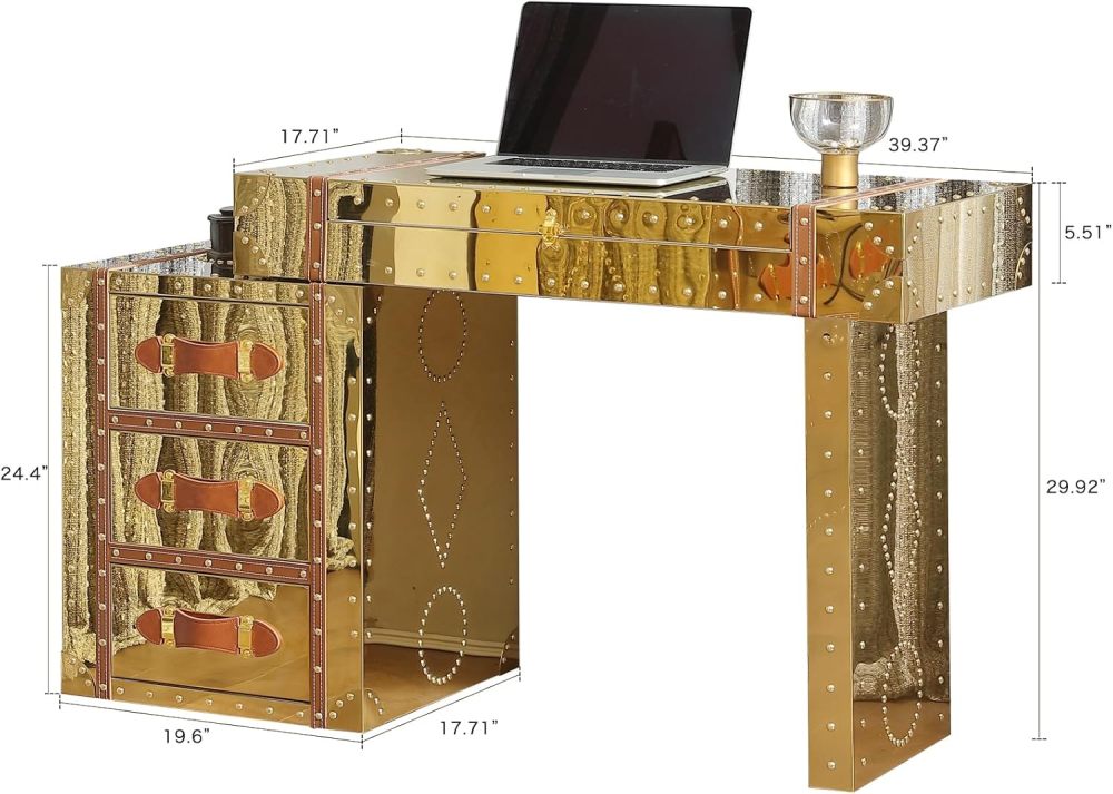 Mid-Century Modern Makeup Vanity Desk with Flip Top Mirror Industrial-Style Vanity Table Metal Clad Dressing Table with Multiple Drawers，Golden