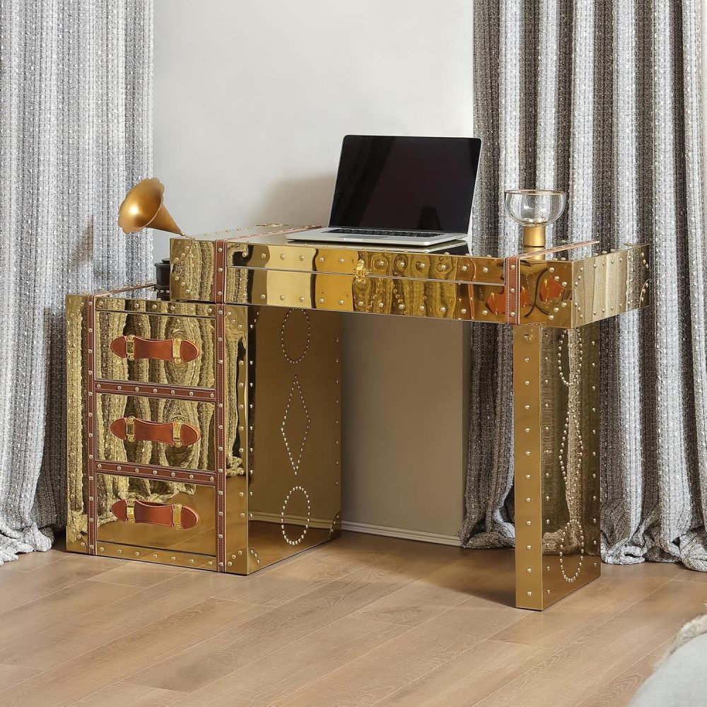 Mid-Century Modern Makeup Vanity Desk with Flip Top Mirror Industrial-Style Vanity Table Metal Clad Dressing Table with Multiple Drawers，Golden