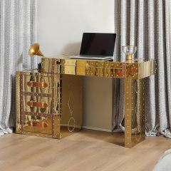 Mid-Century Modern Makeup Vanity Desk with Flip Top Mirror Industrial-Style Vanity Table Metal Clad Dressing Table with Multiple Drawers，Golden