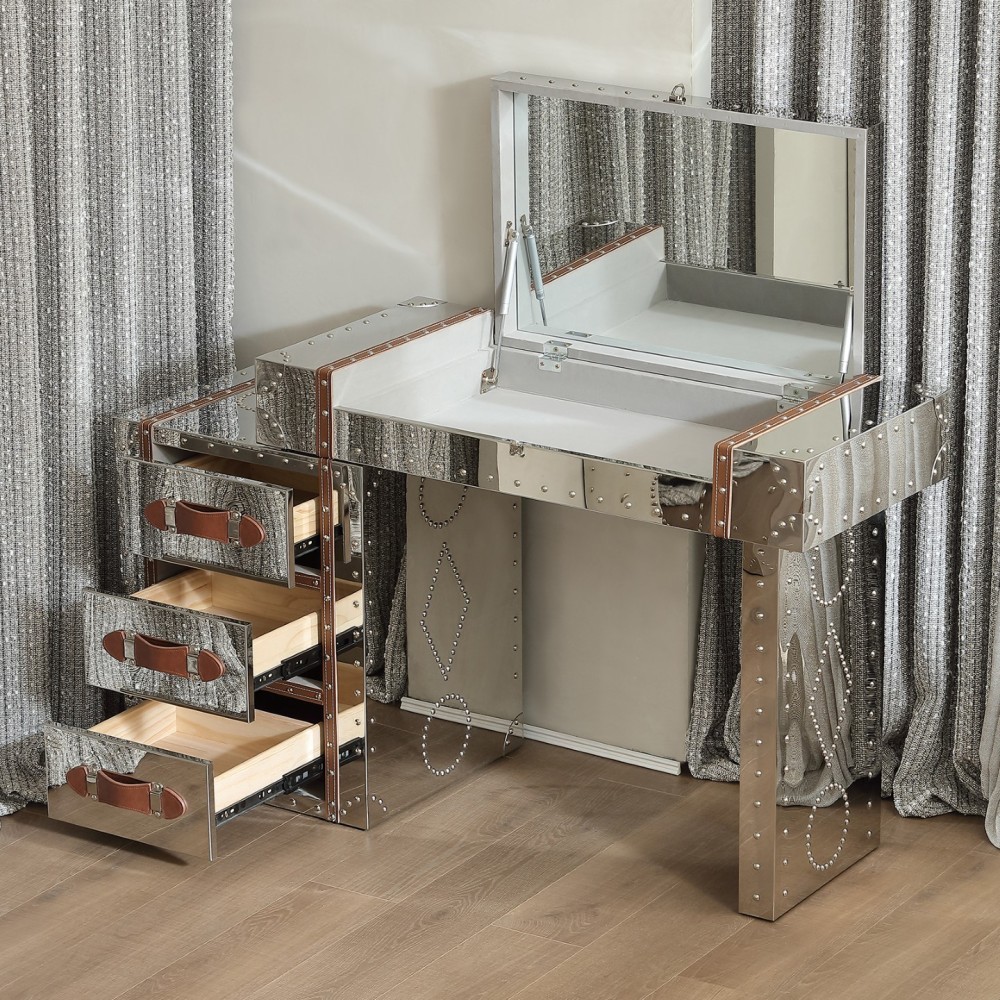 Mid-Century Modern Makeup Vanity Desk with Flip Top Mirror Industrial-Style Vanity Table Metal Clad Dressing Table with Multiple Drawers，Golden