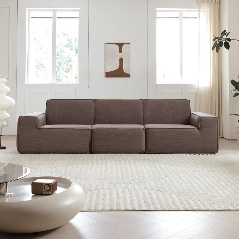 Sectional Couch Comfy Deep Seat Modular Sofa 3-Seat Modular Sectionals Sofa Couch Corduroy Sofa for Living Room, Apartment, Studio, Office, Dark Brown