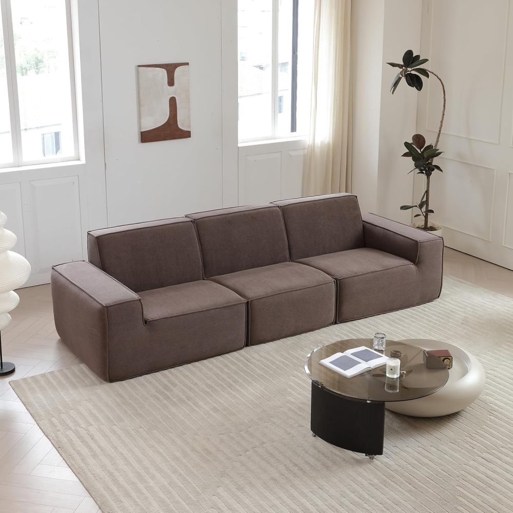 Sectional Couch Comfy Deep Seat Modular Sofa 3-Seat Modular Sectionals Sofa Couch Corduroy Sofa for Living Room, Apartment, Studio, Office, Dark Brown