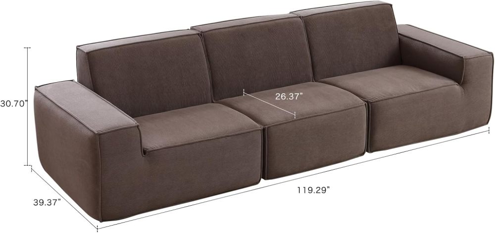 Sectional Couch Comfy Deep Seat Modular Sofa 3-Seat Modular Sectionals Sofa Couch Corduroy Sofa for Living Room, Apartment, Studio, Office, Dark Brown