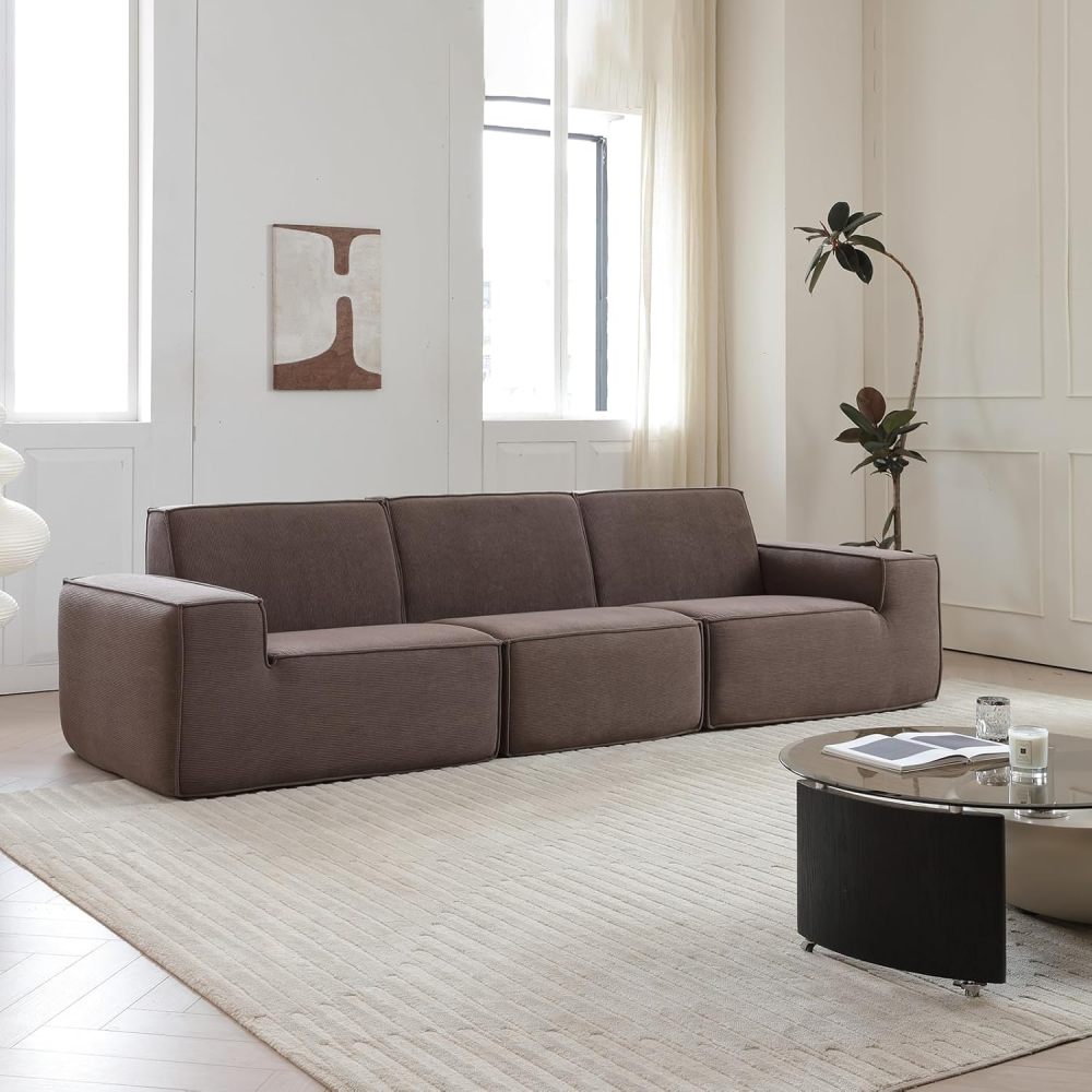 Sectional Couch Comfy Deep Seat Modular Sofa 3-Seat Modular Sectionals Sofa Couch Corduroy Sofa for Living Room, Apartment, Studio, Office, Dark Brown