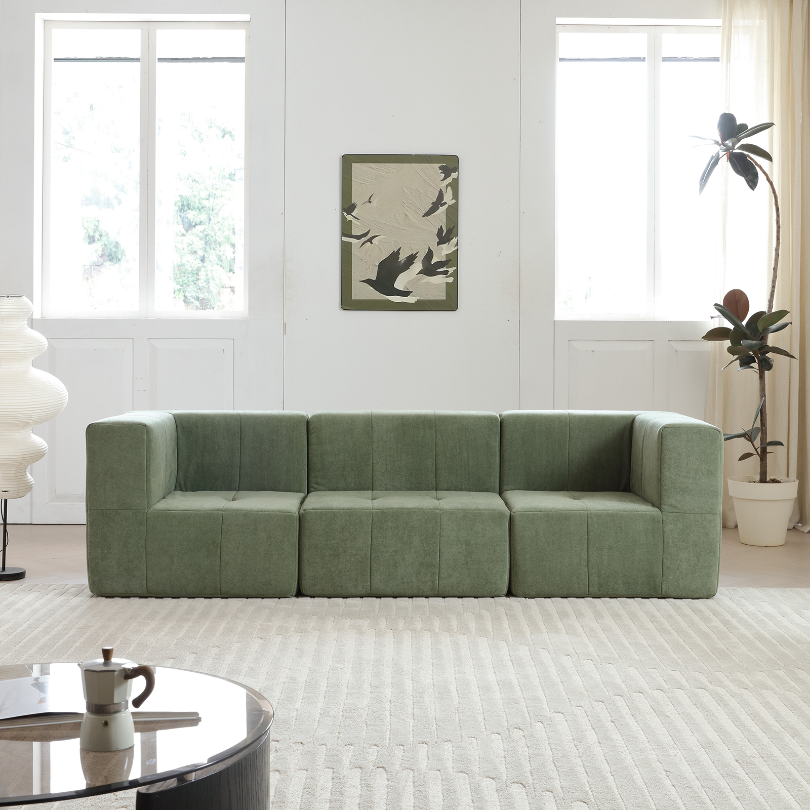 Modular Sectional Sofa Couch Modern Comfy 3-Seat Sofa Couch Straight Lines  Sectional Couch for Living Room, Apartment, Studio, Office, Green, image size:1600x1600