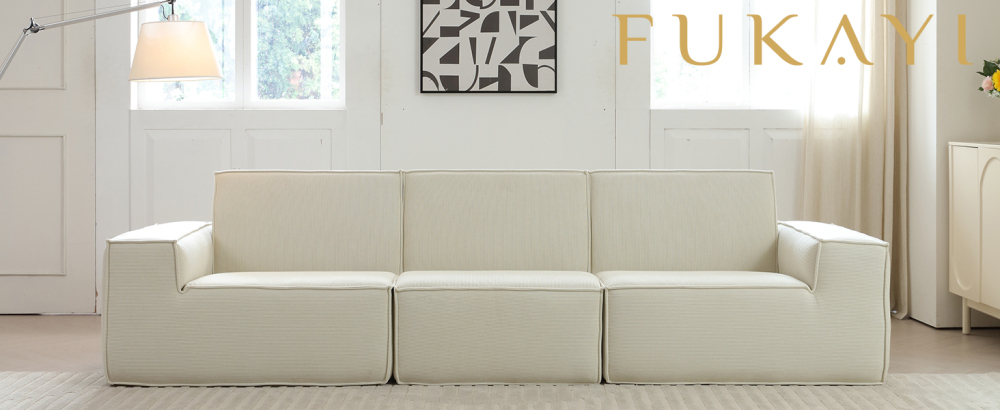 Sectional Couch Comfy Deep Seat Modular Sofa 3-Seat Modular Sectionals Sofa Couch Corduroy Sofa for Living Room, Apartment, Studio, Office, Ivory