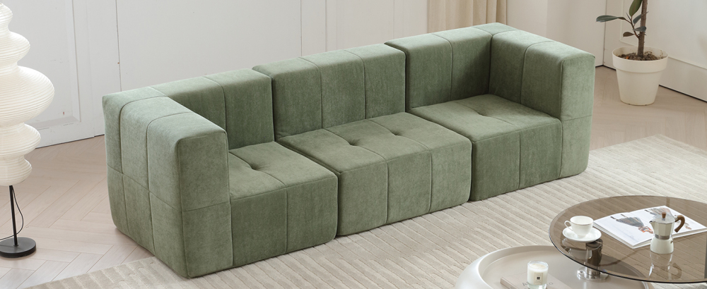 Modular Sectional Sofa Couch Modern Comfy 3-Seat Sofa Couch Straight Lines Sectional Couch for Living Room, Apartment, Studio, Office, Green