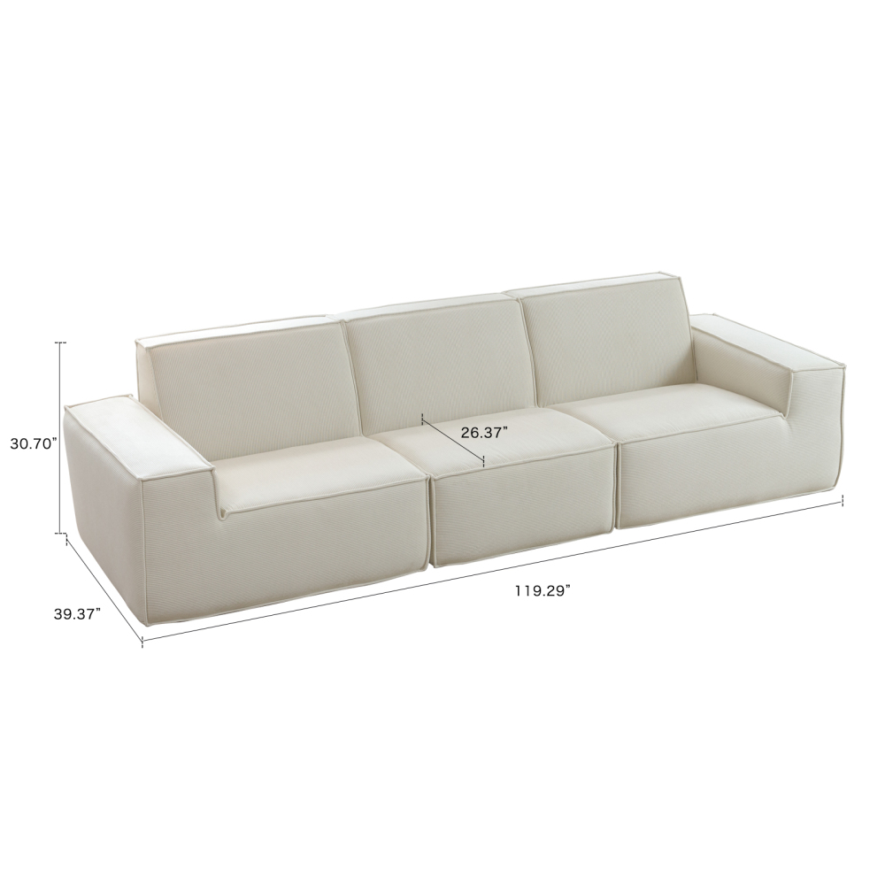 Sectional Couch Comfy Deep Seat Modular Sofa 3-Seat Modular Sectionals Sofa Couch Corduroy Sofa for Living Room, Apartment, Studio, Office, Ivory