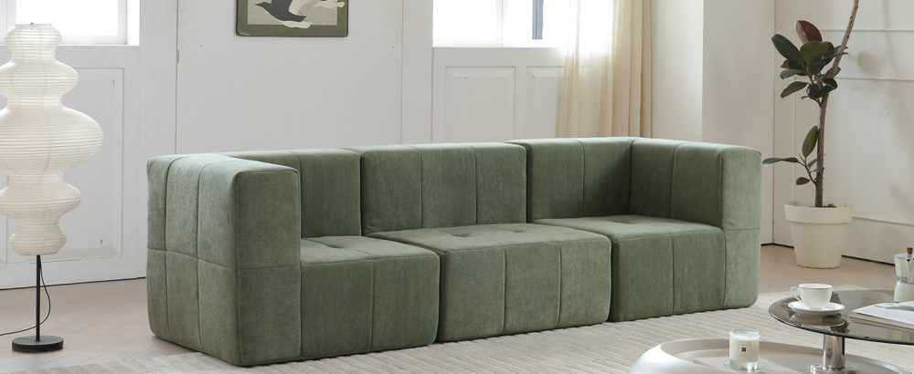 Modular Sectional Sofa Couch Modern Comfy 3-Seat Sofa Couch Straight Lines Sectional Couch for Living Room, Apartment, Studio, Office, Green