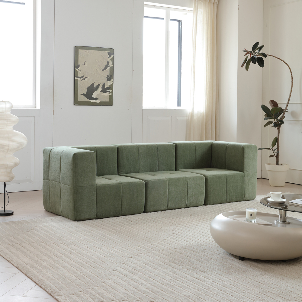 Modular Sectional Sofa Couch Modern Comfy 3-Seat Sofa Couch Straight Lines Sectional Couch for Living Room, Apartment, Studio, Office, Green
