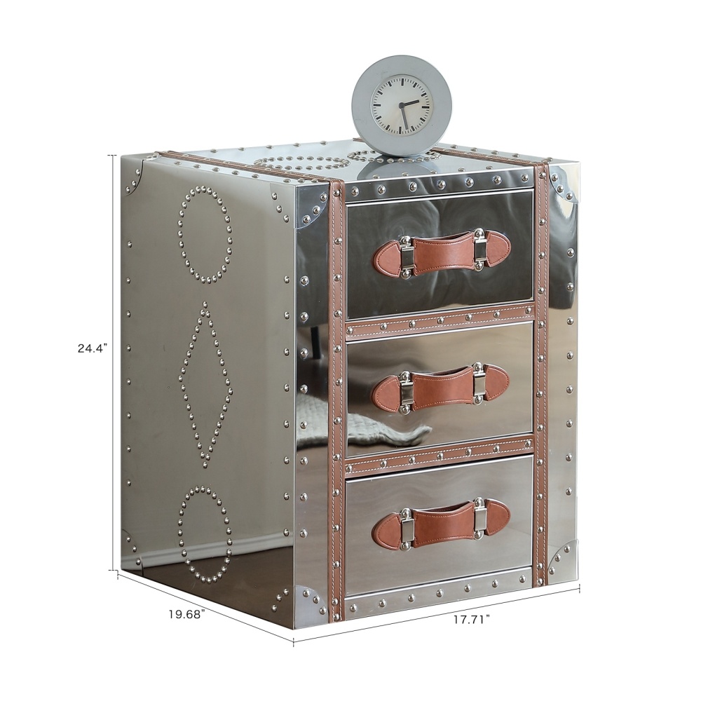 Mid-Century Modern Nightstand Vintage 3 Drawers Chest Metal Clad Dresser Bedside Table Night Stand for Bedroom Mesita de Noche End Table Side Table for Living Room, Entryway， Silvery
