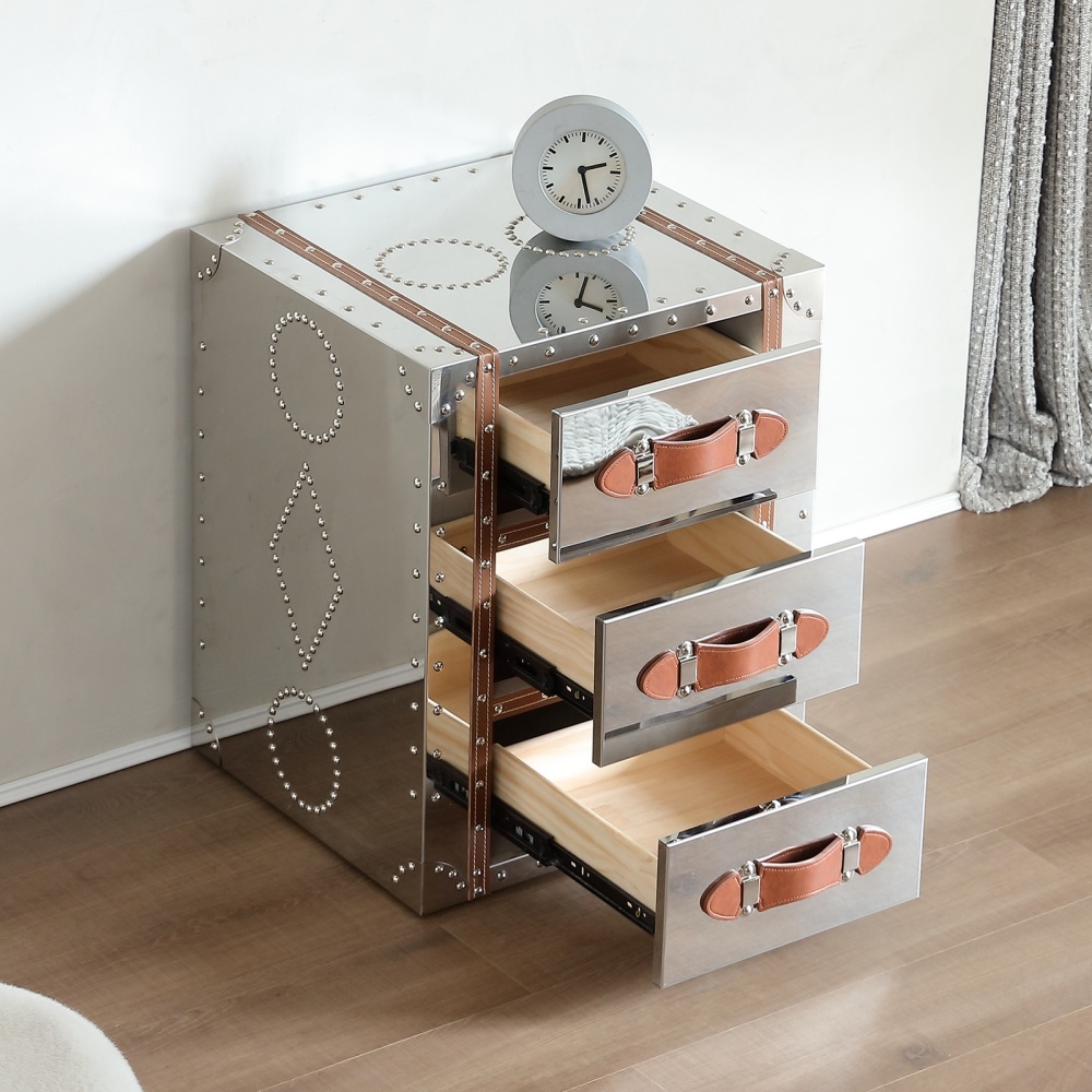 Mid-Century Modern Nightstand Vintage 3 Drawers Chest Metal Clad Dresser Bedside Table Night Stand for Bedroom Mesita de Noche End Table Side Table for Living Room, Entryway， Silvery