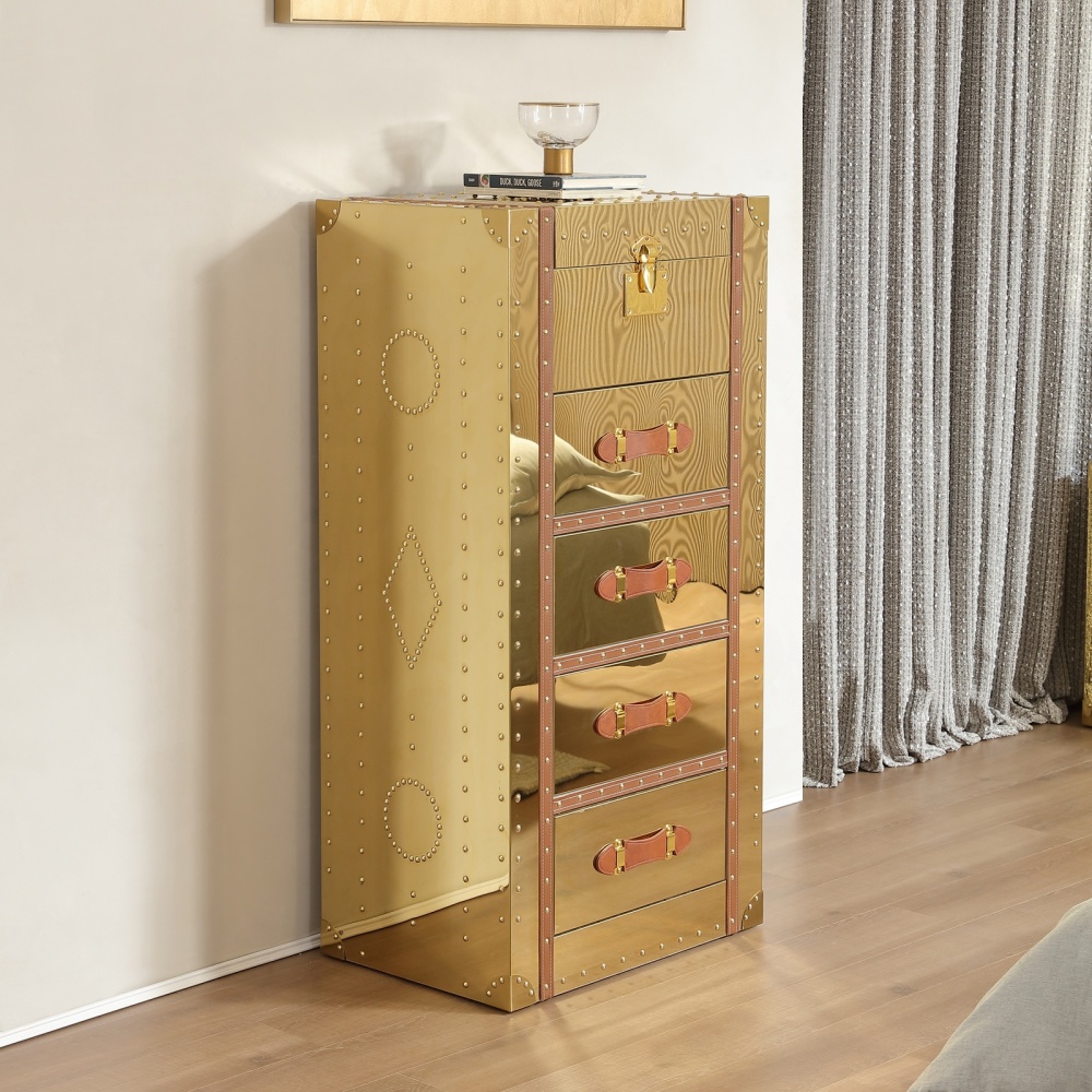 Mid-Century Modern Tall Dresser with Flip Top Mirror Metal Clad Antique Chest of Drawers for Bedroom 5 Drawers Storage Tower Organizer for Living Room, Hallway, Entryway, Closets, Golden