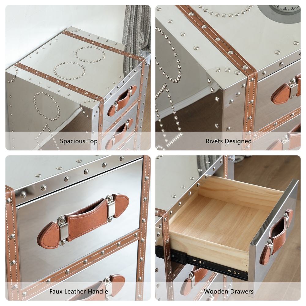 Mid-Century Modern Nightstand Vintage 3 Drawers Chest Metal Clad Dresser Bedside Table Night Stand for Bedroom Mesita de Noche End Table Side Table for Living Room, Entryway， Silvery
