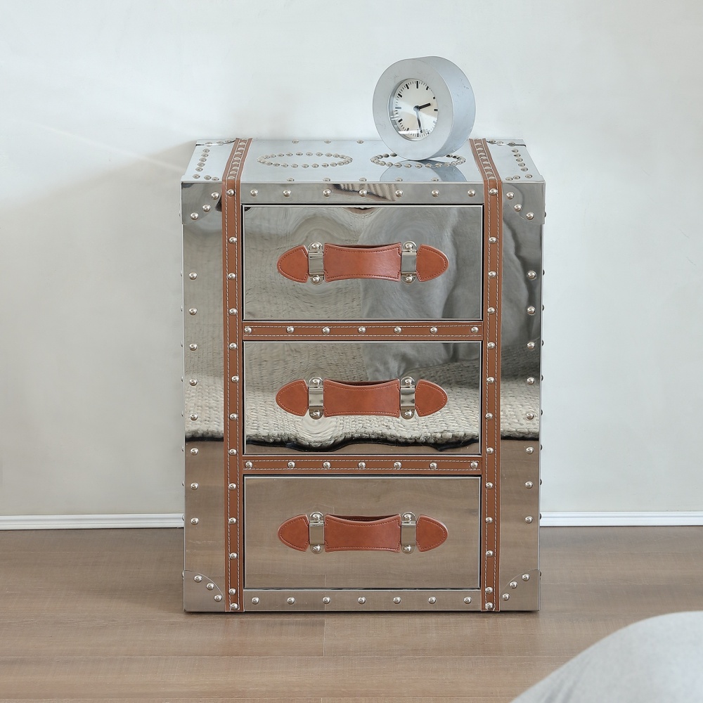 Mid-Century Modern Nightstand Vintage 3 Drawers Chest Metal Clad Dresser Bedside Table Night Stand for Bedroom Mesita de Noche End Table Side Table for Living Room, Entryway， Silvery