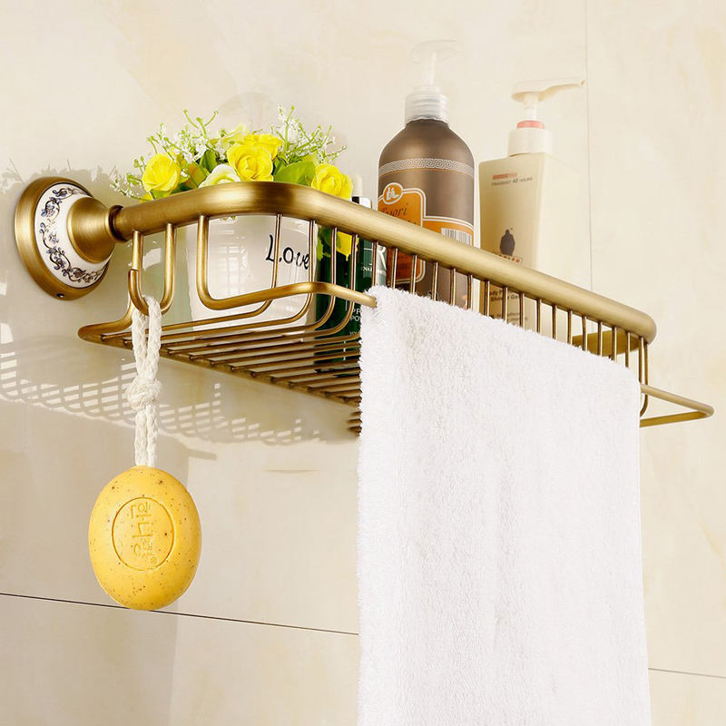Antique brass Bathroom towel holder, towel rack, solid brass towel rack  with hooks,bathroom corner bastket