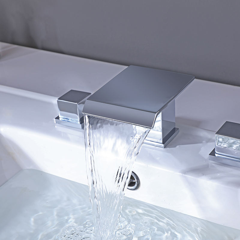 All copper chrome hot and cold three-hole basin faucet three-piece bathroom cabinet basin waterfall outlet