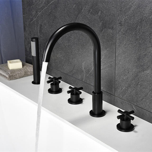 Black Waterfall Bathtub mixer with brass hand shower double function black bath faucet deck mounted bath shower faucet