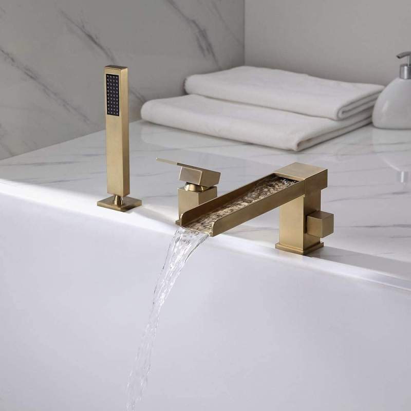 Waterfall Tub Filler Faucet with HandHeld Shower Widespread Roman Tub Faucet Set, Deck Mount 3-Holes Single-Handle Faucet