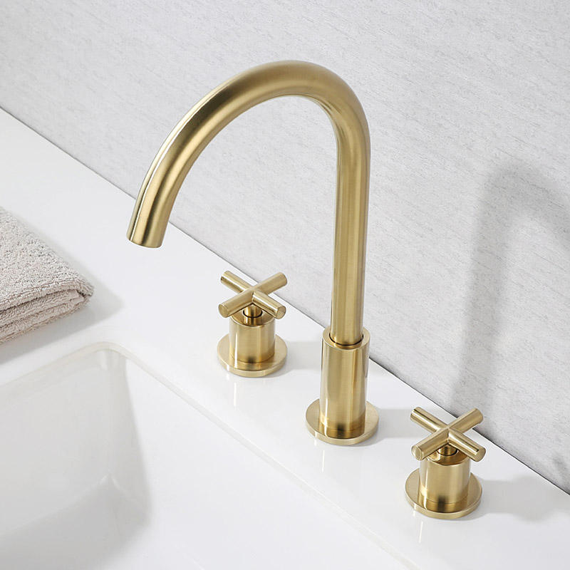 Double handle three hole basin faucet brush gold brass deck mounted bathroom sink faucet hot and cold water mixer faucet