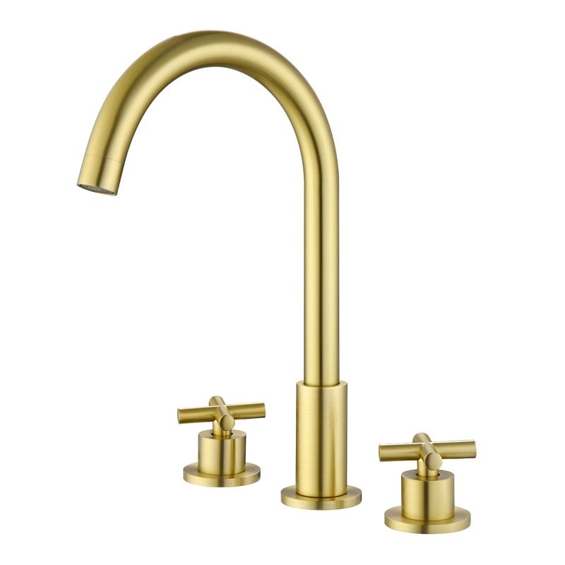 Double handle three hole basin faucet brush gold brass deck mounted bathroom sink faucet hot and cold water mixer faucet