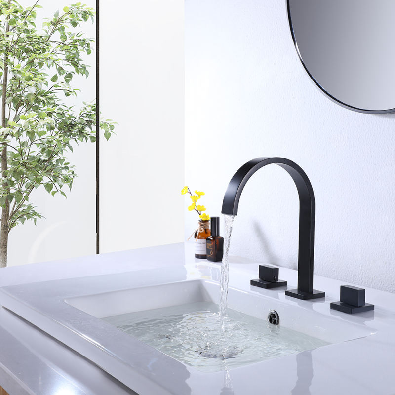 Basin Faucet Brass Polished Black Deck Mounted Square Bathroom Sink Faucet 3 Hole Double Handle Hot & Cold Water Faucet