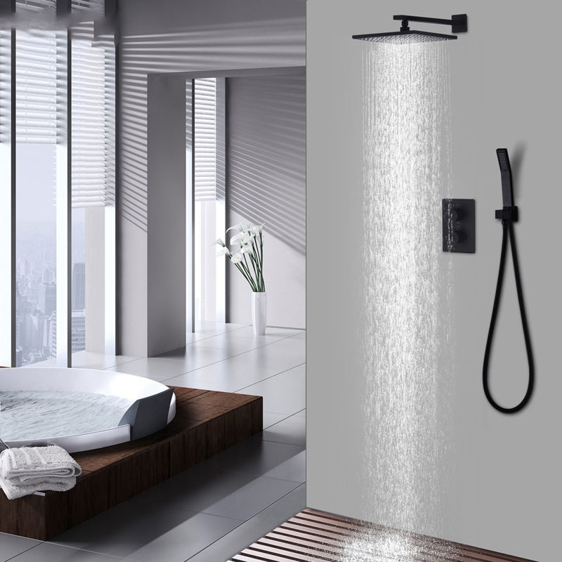 Black Rain Shower Set Bathroom Thermostatic Mixer Wall Mount 10inch Air Booster Rainfall Brass Shower System Head Save Water