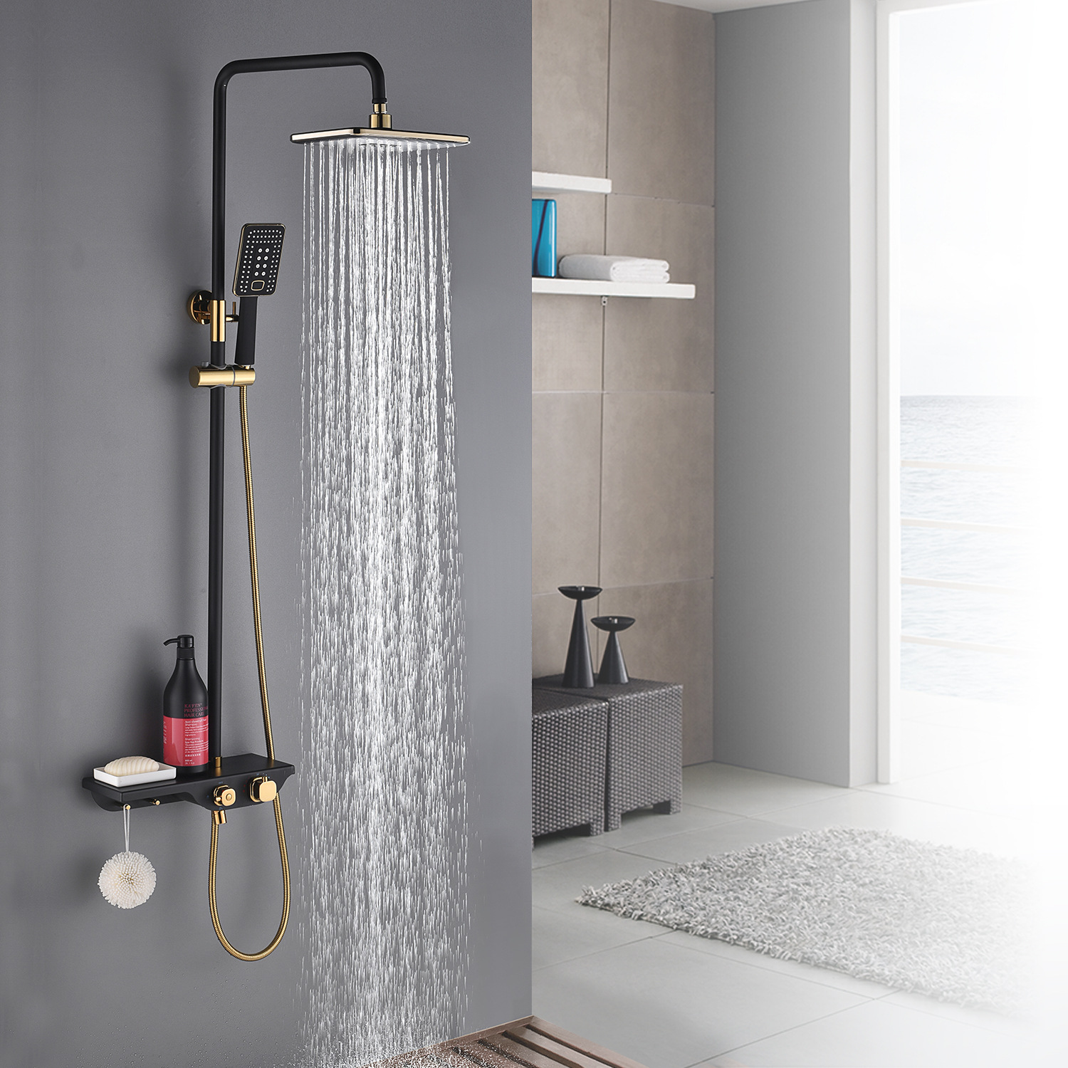 Light Luxury Black Gold Shower Sets All Copper Button Black Bathroom  Accessories Sets Home liftable Booster Shower Faucet system