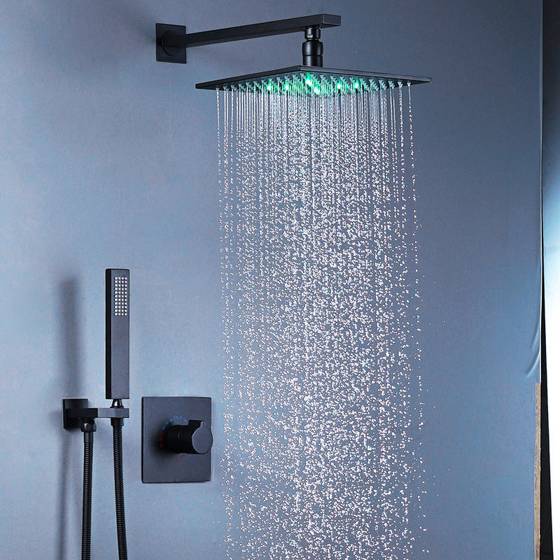 LED Shower Faucet, Black Wall-Mounted Embedded Shower System, Water-Saving Bathtub and Box Shower Mixer