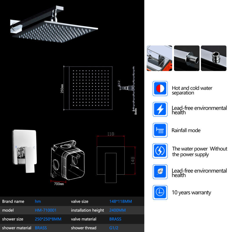 10inch LED Shower Set Wall Mounted Embedded Box Shower Head Powered by Water Luxury Rainfall Saving Water Bath Shower Faucets