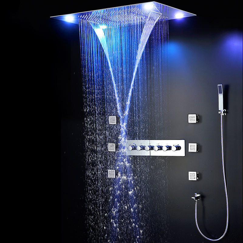 5 Functions Shower Set Modern Luxury European Style Large Thermostatic Mixer Waterfall Rainfall Bathroom Led Ceiling Shower Faucet