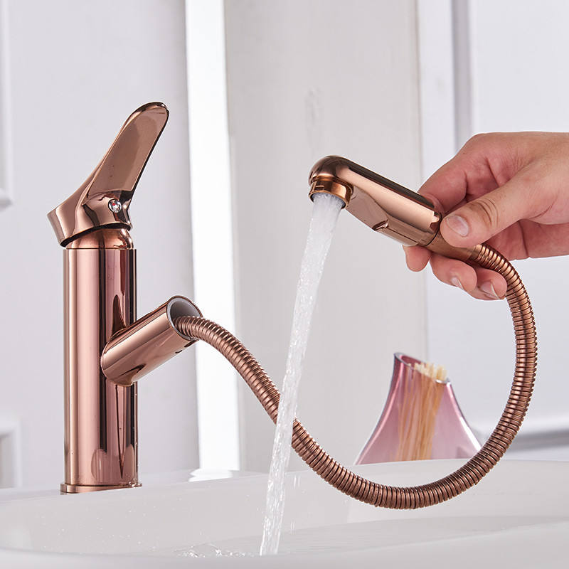 Bathroom Basin Faucet Brass Rose Gold Finish Pull-out Sink Mixer Faucet Cold & Hot Single Handle Deck Mounted Water Crane Faucet