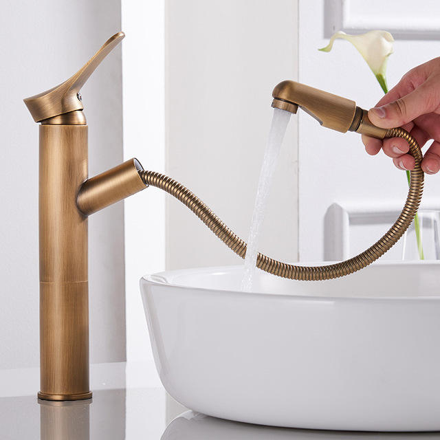Bathroom Basin Faucet Brass Rose Gold Finish Pull-out Sink Mixer Faucet Cold & Hot Single Handle Deck Mounted Water Crane Faucet