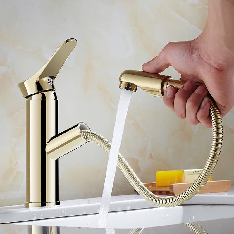 Bathroom Basin Faucet Brass Rose Gold Finish Pull-out Sink Mixer Faucet Cold & Hot Single Handle Deck Mounted Water Crane Faucet