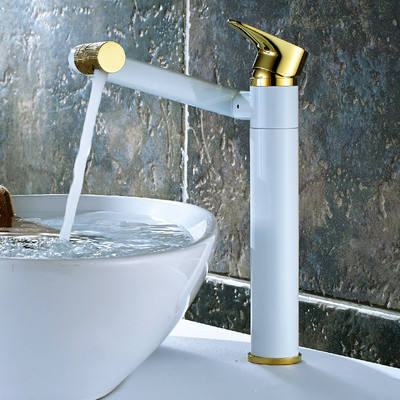 Bathroom Basin Faucet Hot & Cold Water Sink Mixer Faucet Brass Swivel Lavatory White Baked Water Crane Faucet Single Handle Floor Mount