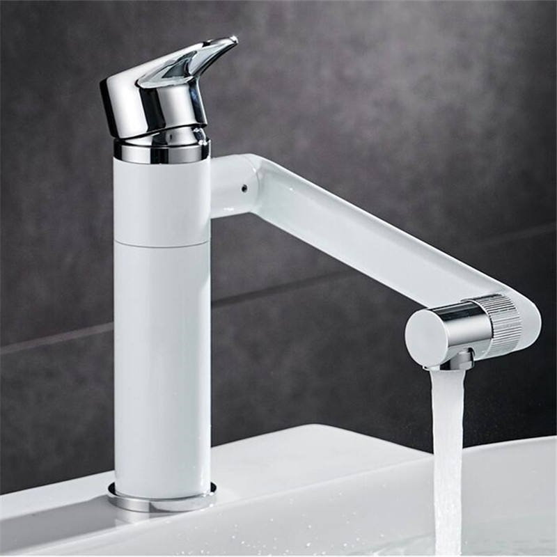 Bathroom Basin Faucet Hot & Cold Water Sink Mixer Faucet Brass Swivel Lavatory White Baked Water Crane Faucet Single Handle Floor Mount