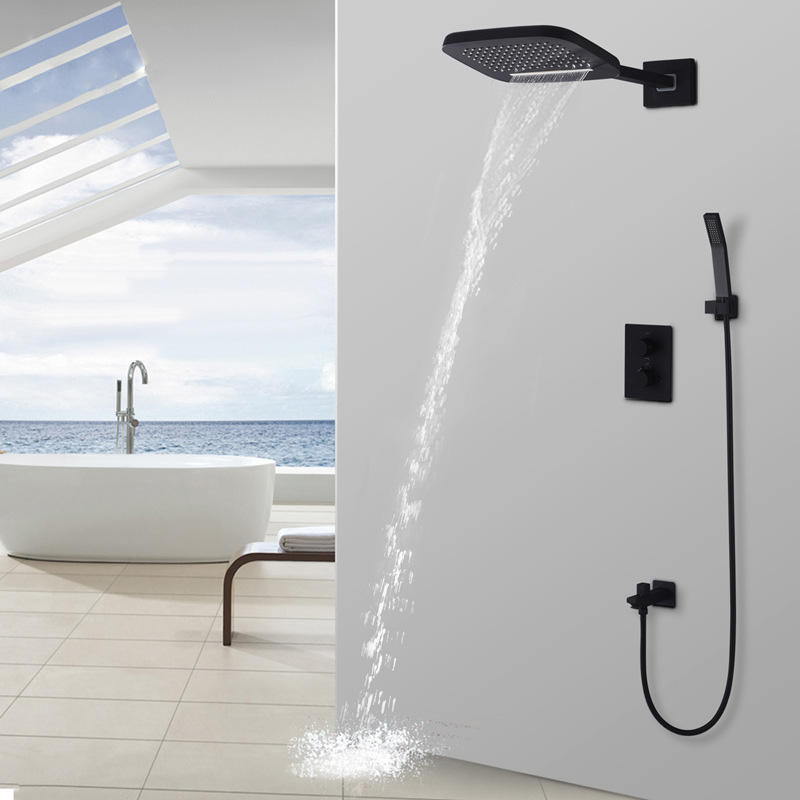 Wall Mounted Thermostatic Shower Waterfall Rain Shower Head Hand Shower Set  Bathroom Solid Brass Black Concealed