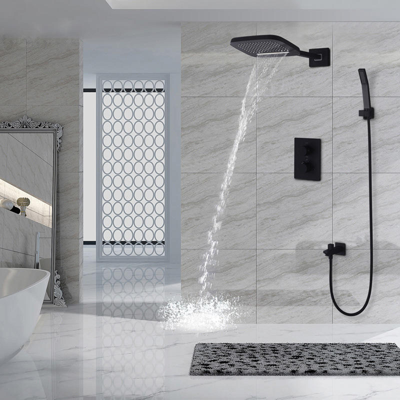 Wall Mounted Thermostatic Shower Waterfall Rain Shower Head Hand Shower Set Bathroom Solid Brass Black Concealed Faucets