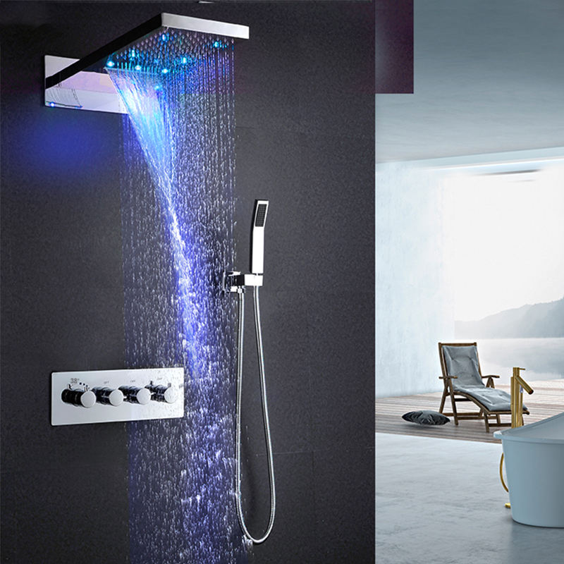 22-Inch Wall-Mount Matte Black Rainfall and Waterfall Shower Head with  3-Way Thermostatic Shower Faucet, Available with or without LED Light
