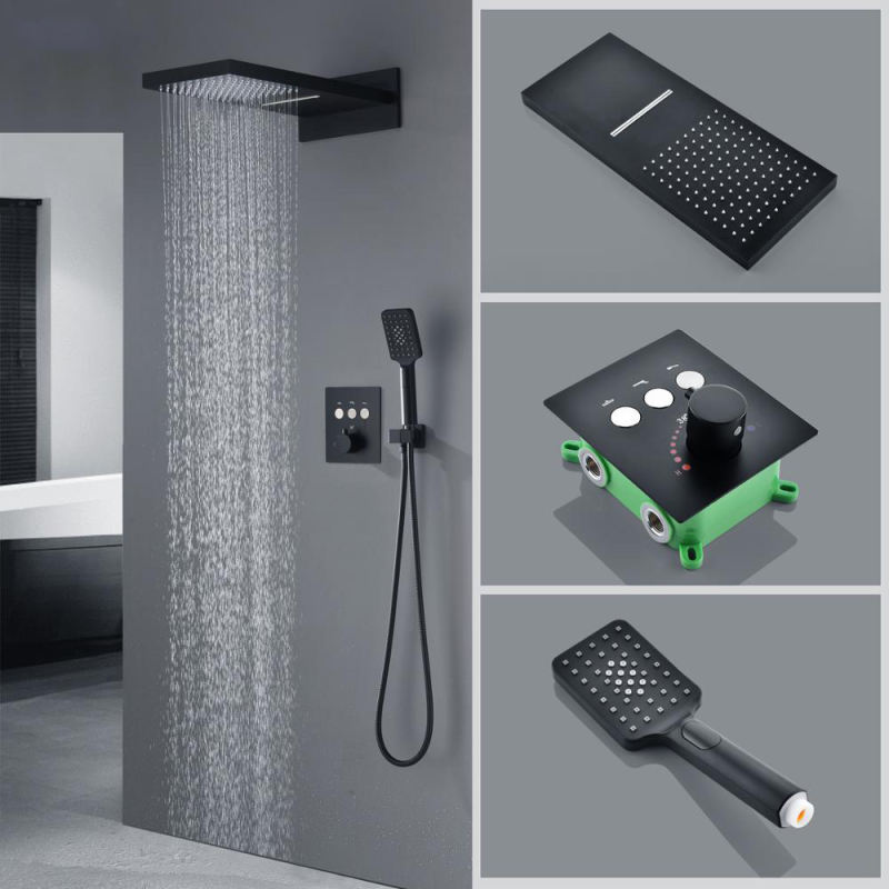 Wall Mounted Thermostatic Shower Waterfall Rain Shower Head Hand Shower Set  Bathroom Solid Brass Black Concealed