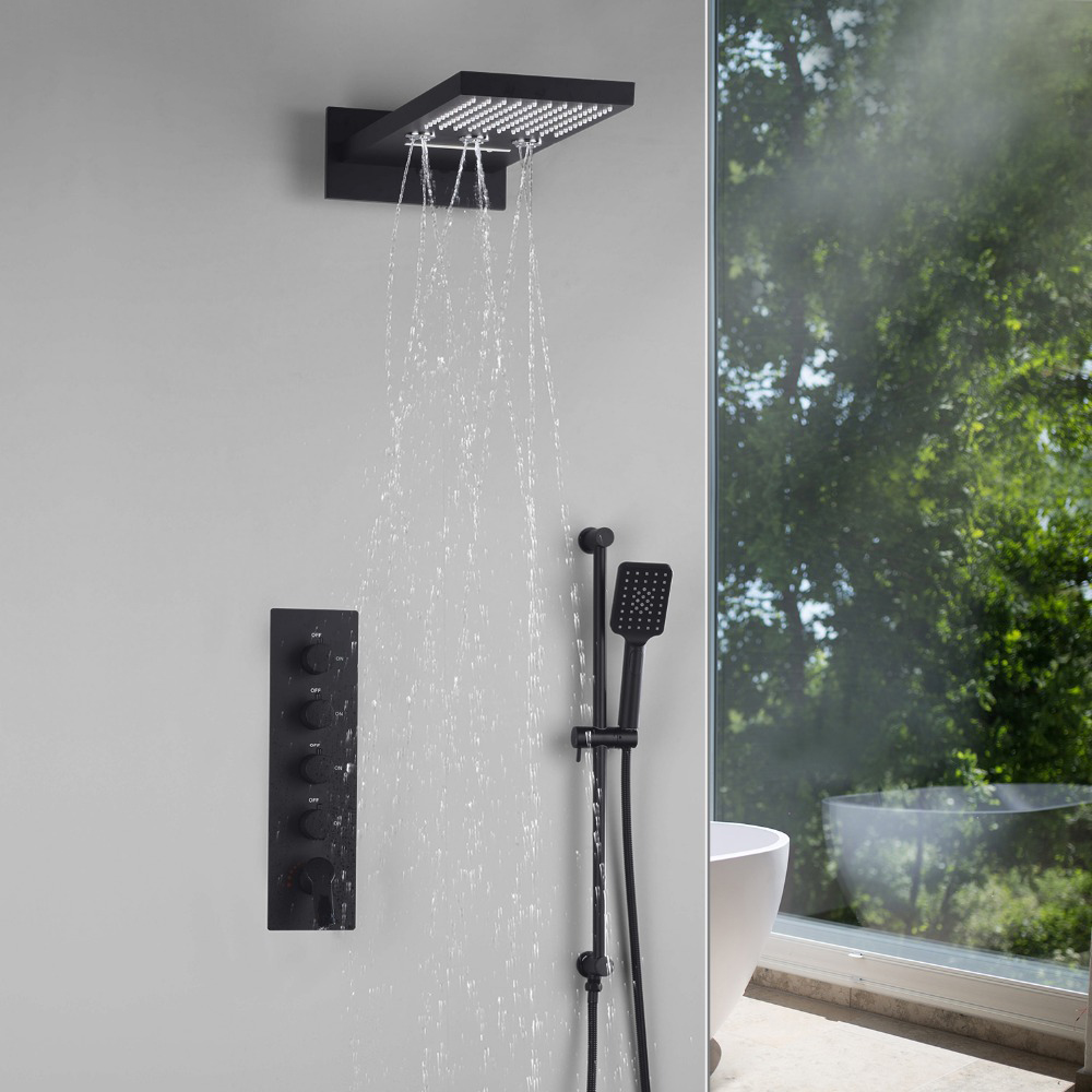 22-Inch Wall-Mount Matte Black Rainfall and Waterfall Shower Head with  3-Way Thermostatic Shower Faucet, Available with or without LED Light