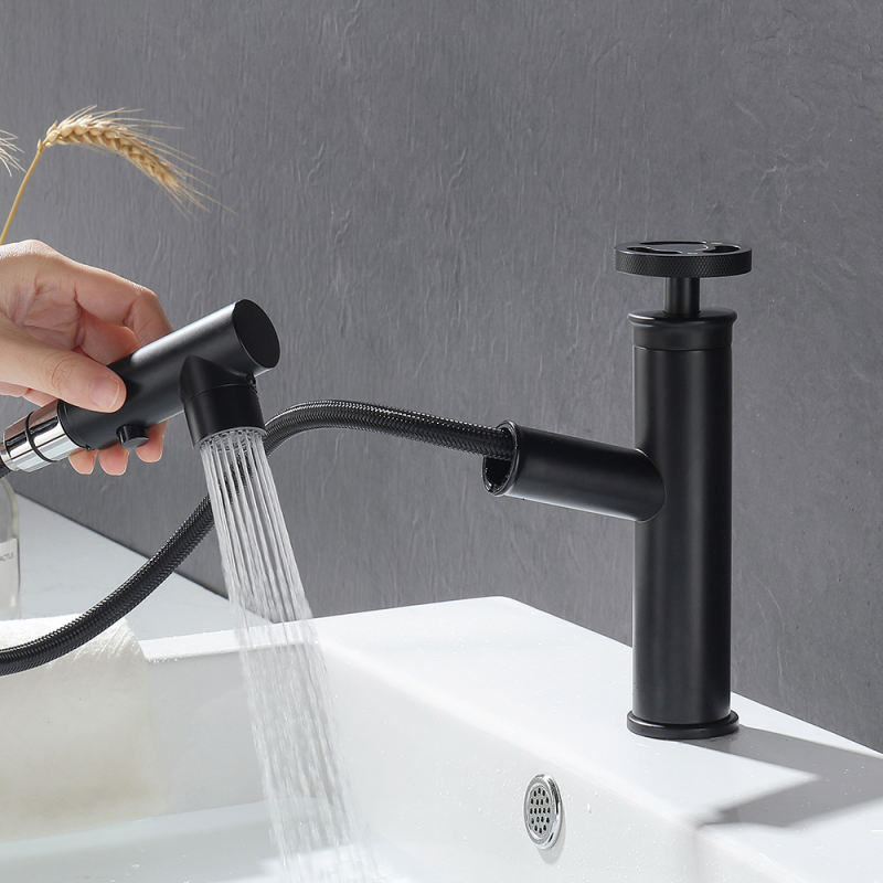 Industrial Sink Faucets Pull Out Matte Black Deck Mounted Hot And Cold Basin Bathroom Faucet